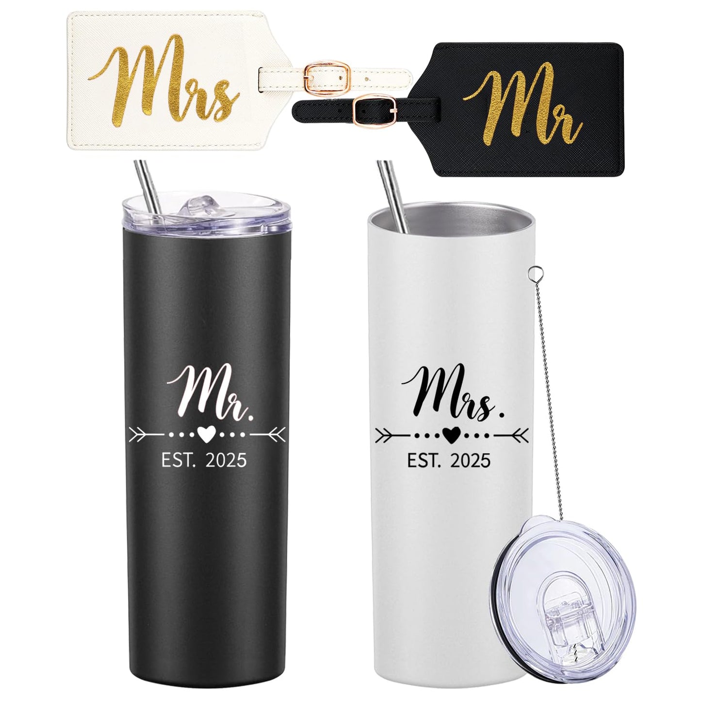DHQH Personalized Mr and Mrs EST 2025 Gift Stainless Steel Travel Tumbler & Leather Luggage Tag Set - Wedding Gifts for Couples 2025 Perfect Newlywed, Engagement and Bridal Shower Gifts