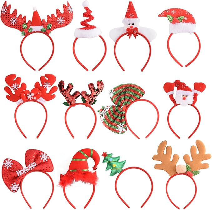 SEVEN STYLE 12 PCS Holiday Headbands,Cute Christmas head hat toppers,Great Fun and Festive for Christmas Party Favors Holi...