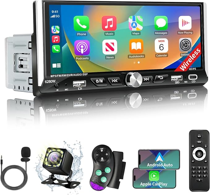 Single Din Car Stereo with Wireless Apple Carplay Android Auto, 6.9" IPS Touchscreen Car Stereo with Bluetooth 5.2 Handsfr...