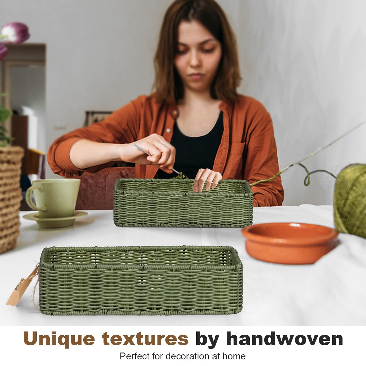 Storage Wicker Basket Decor: Green Decorative Storage Bin for Countertop and Shelves - Waterproof Toilet Paper Basket over Toilet Tank