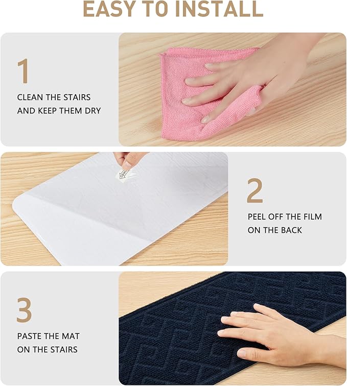 Stair Treads for Wooden Steps, 8" X 30" Non Slip Stair Runner Carpet Indoor with Reusable Adhesive Backing, Soft Tread Mat for Stairs, Polyester TPR Backing Stair Rugs-Navy Blue 15 Pack
