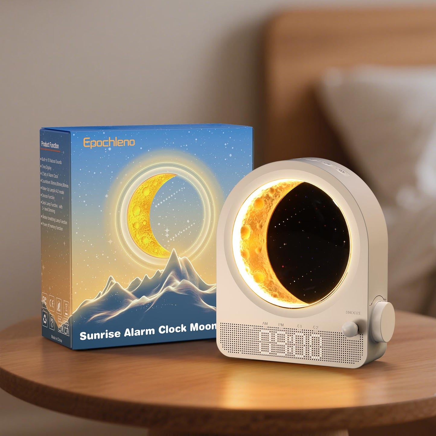 Epochleno Sunrise Alarm Clock, White Noise Machine & Meteor Moonlight - 10 Soothing Sounds, Dual Alarms, 30/60/90min Timer, Easy Snooze - Bedroom Gift for Insomnia Adults/Women - White