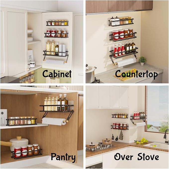 3 Pack Spice Rack Wall Mount With Paper Towel Holder and Hooks,Adhesive Hanging Spice Rack for Spice Jars and Seasonings, Space Saving Spice Racks Organizer for Cabinet,Pantry Door,Black