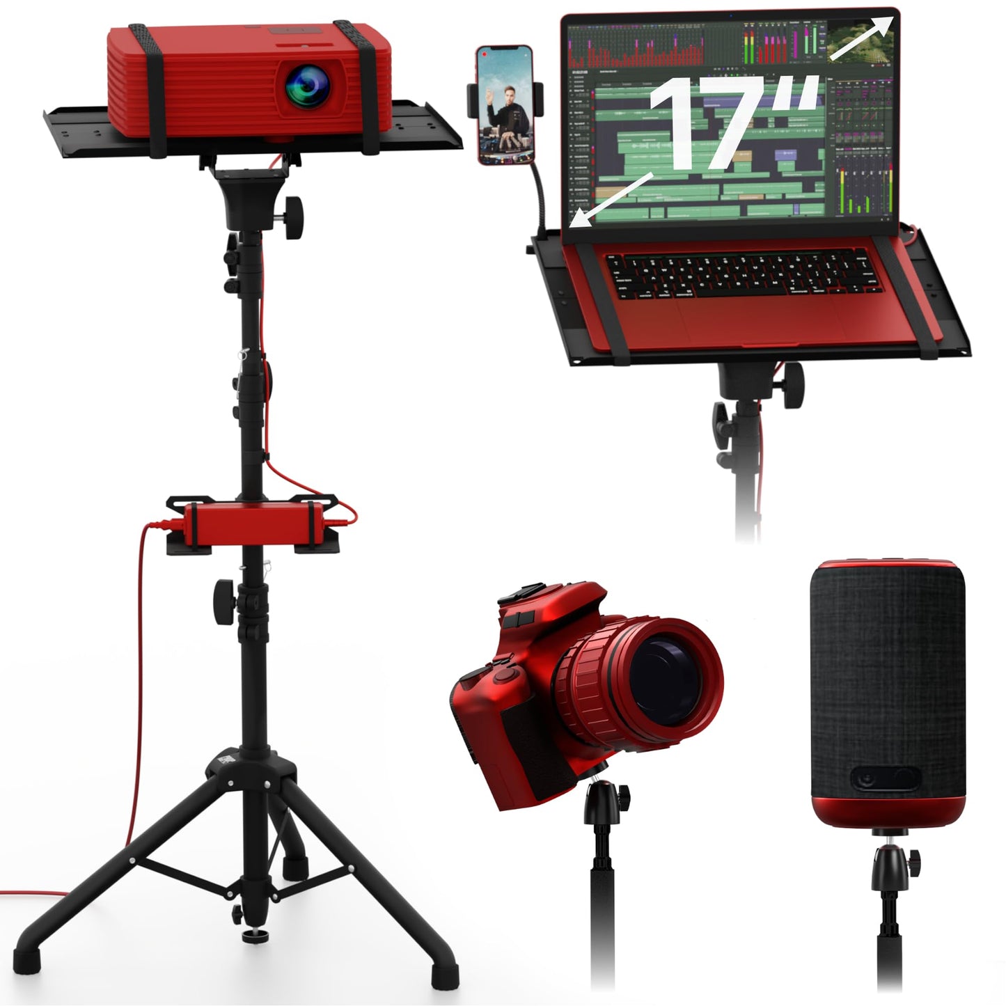 Projector Tripod Stand, Height Adjustable 27" to 62" & Floor Projector Stand, Portable Laptop Stand, Camera & Light & Ball-Joint – Well-Made, Easy-to-Adjust, DJ Rack & Music or Movie stand