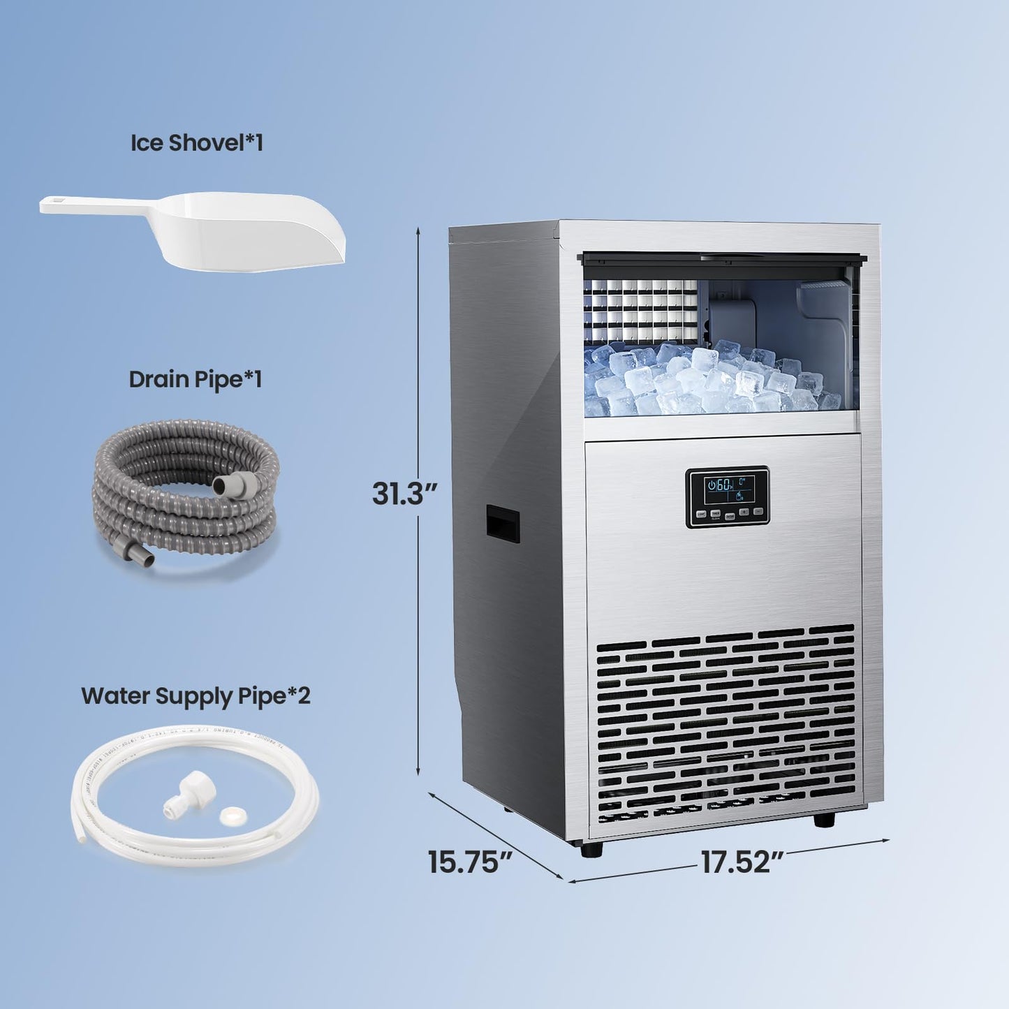 Kismile Commercial Ice Maker, 144 lbs/24H Ice Machine with 29 lbs Storage, Under Counter Ice Maker with LED Display & Self-Cleaning, 304 Stainless Steel Structure for Home, Bar, Outdoor Kitchen