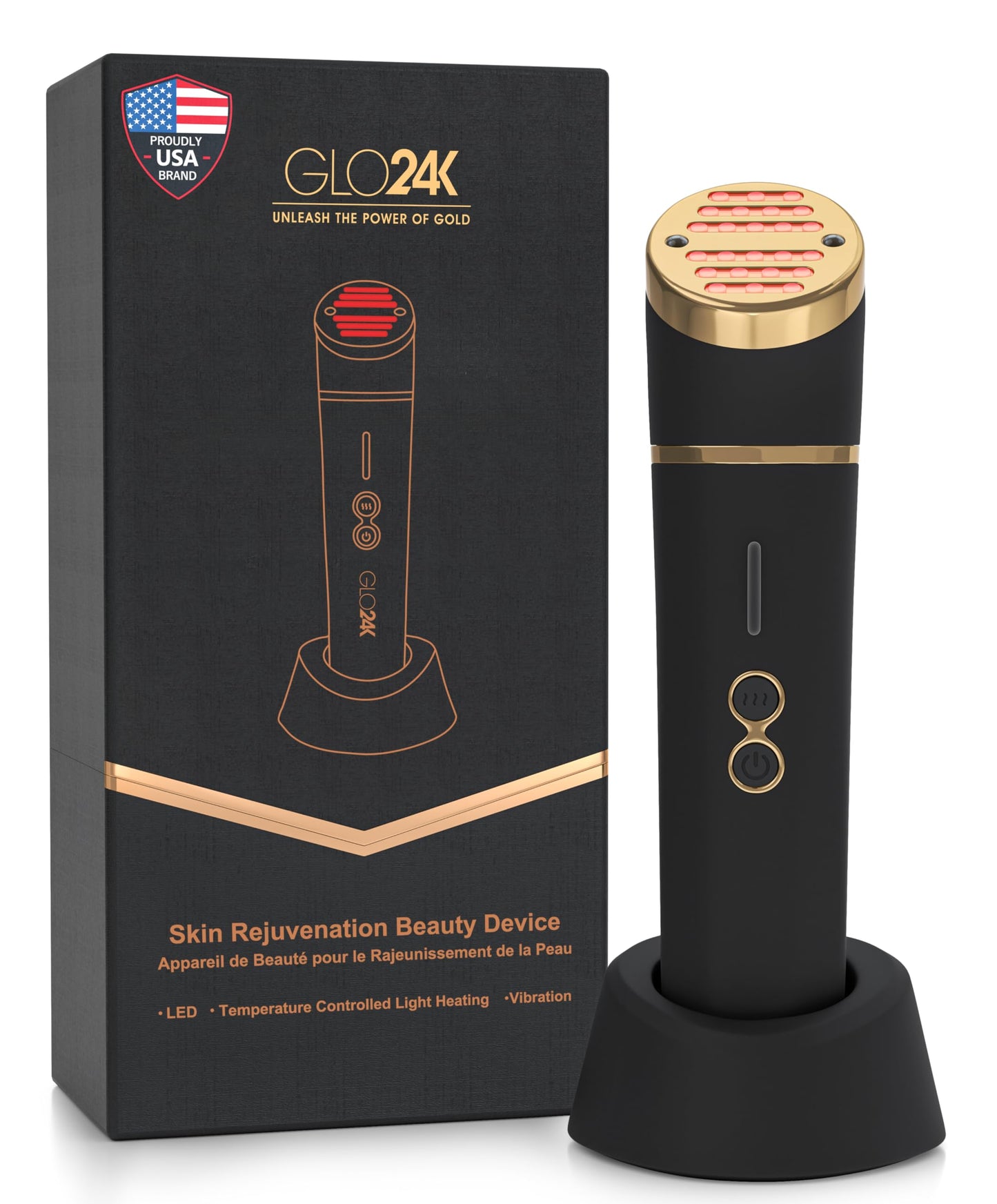 GLO24K Beauty Device for the Face. Based on Triple Action L E D, Thermal, and Vibration Technologies.