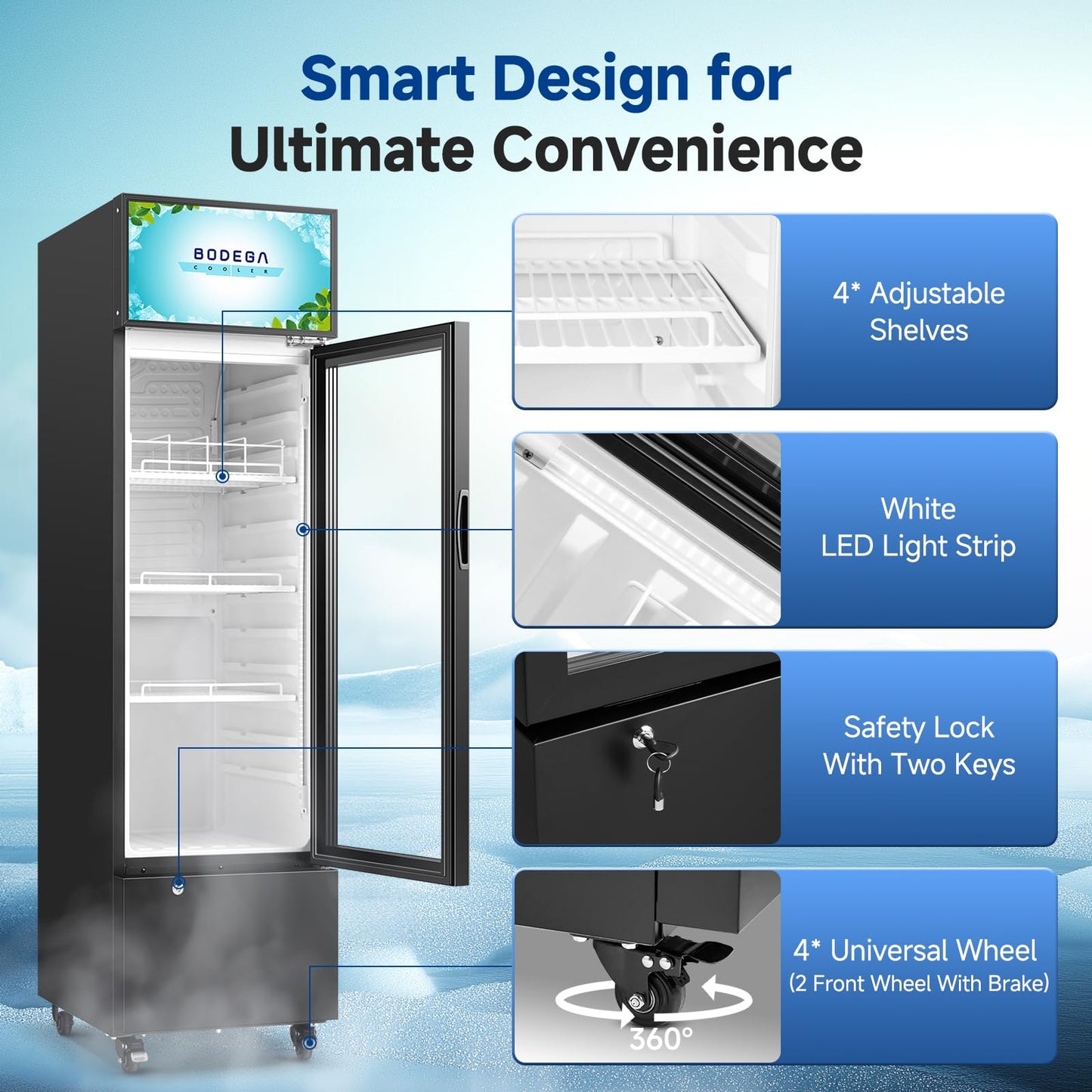 BODEGACOOLER Commercial Refrigerators, Drink Fridge with Glass Door, Tall Beverage Cooler, Single Door Display Refrigerator, for Beer, Soda, 6.34 Cu.ft Capacity