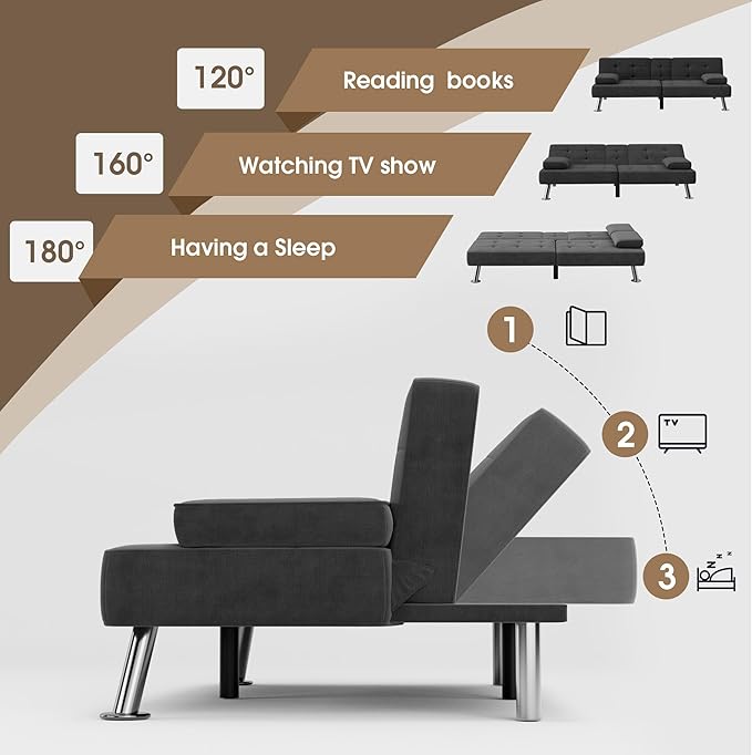Flamaker Futon Sofa Bed Modern Folding Futon Set Linen Fabric Convertible Recliner Lounge for Living Room with 2 Cup Holders, Removable Armrests (Fabric, Black)