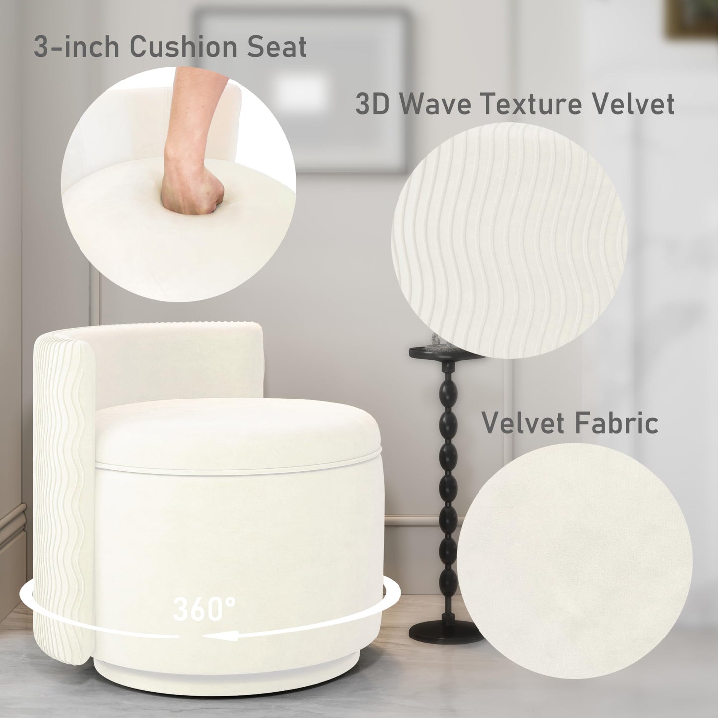 allamazing 360° Swivel Accent Chair with Storage, Vanity Stool with Back, Velvet Storage Ottoman, Upholstered Round Barrel Vanity Chair for Living Room, Makeup Room, Bedroom (Off White)