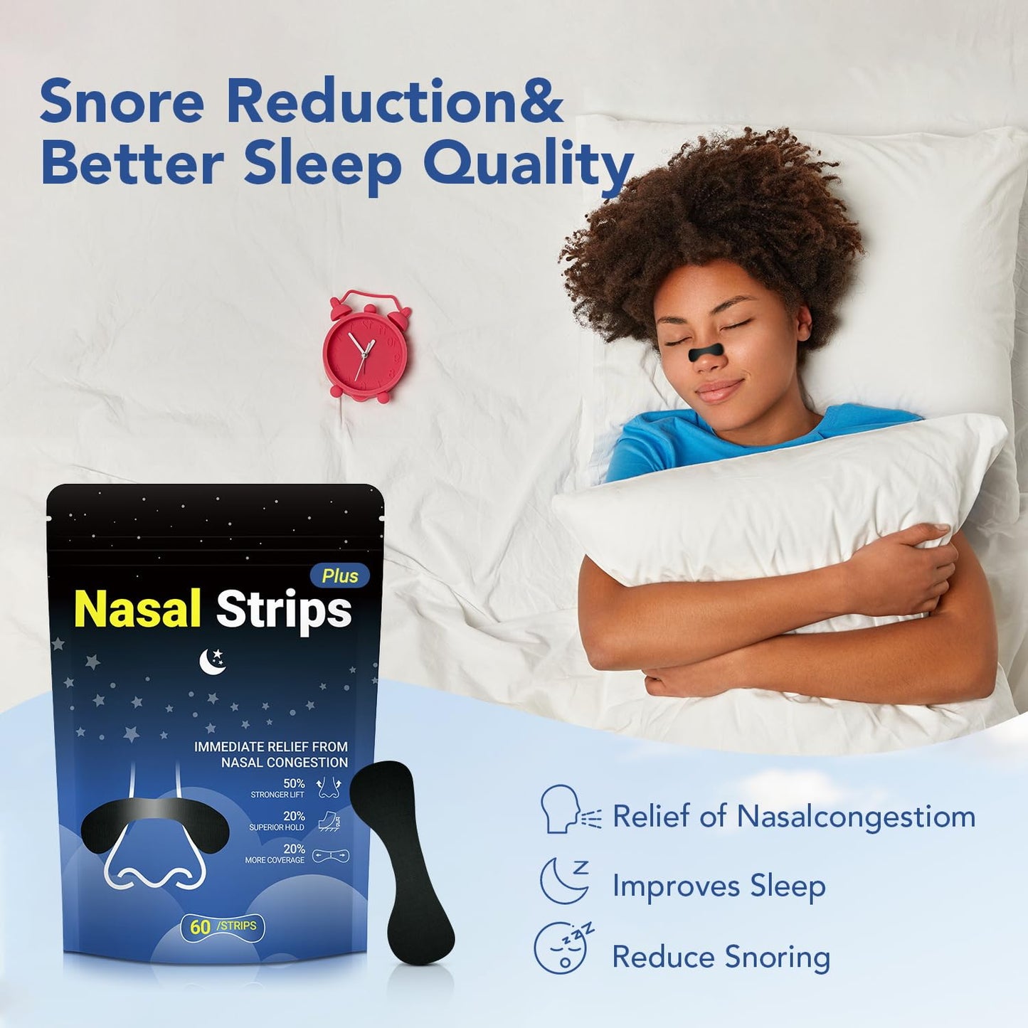 60 Pcs Nasal Strips for Snoring - Extra Strength Nose Strips for Breathing with Strong Adhesion - Sweat Resistant Design for All Day Use - Improvess Sleep and Workout Performance - Black
