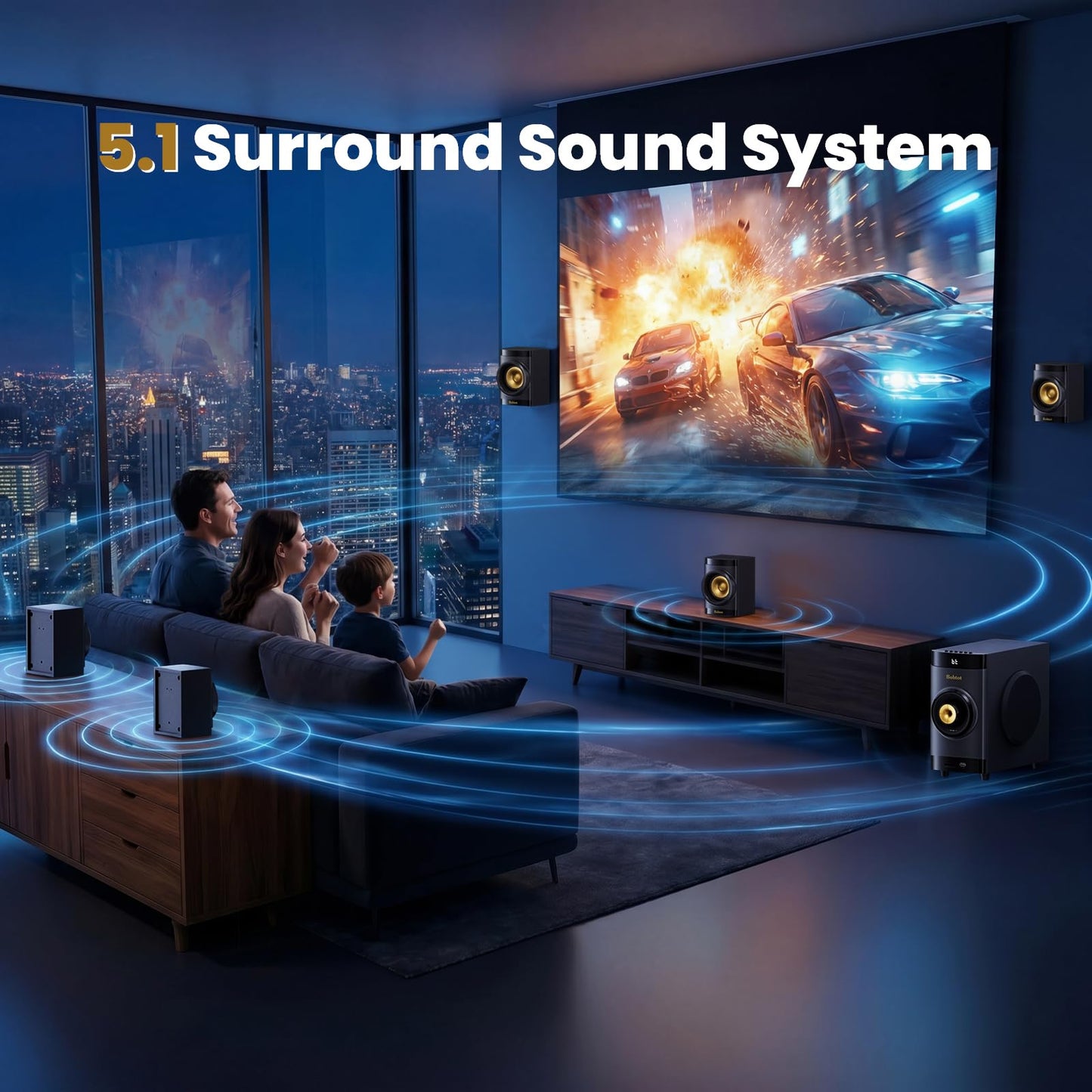 Bobtot Small Subwoofer Home Theater for TV Surround System 5 Wired Speakers Amplifier 4 inch Woofer Built-in Receiver Support ARC Optical Bluetooth Input for Projector
