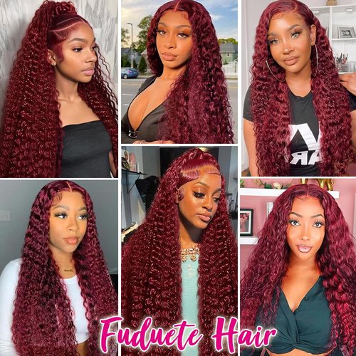 Fuduete 99J Burgundy Deep Wave 13x6 Lace Front Wigs Human Hair 200% Density Lace Frontal Wigs Human Hair Pre Plucked 99j Burgundy Deep Curly Wave HD Lace Front Wigs for Women (16Inch)