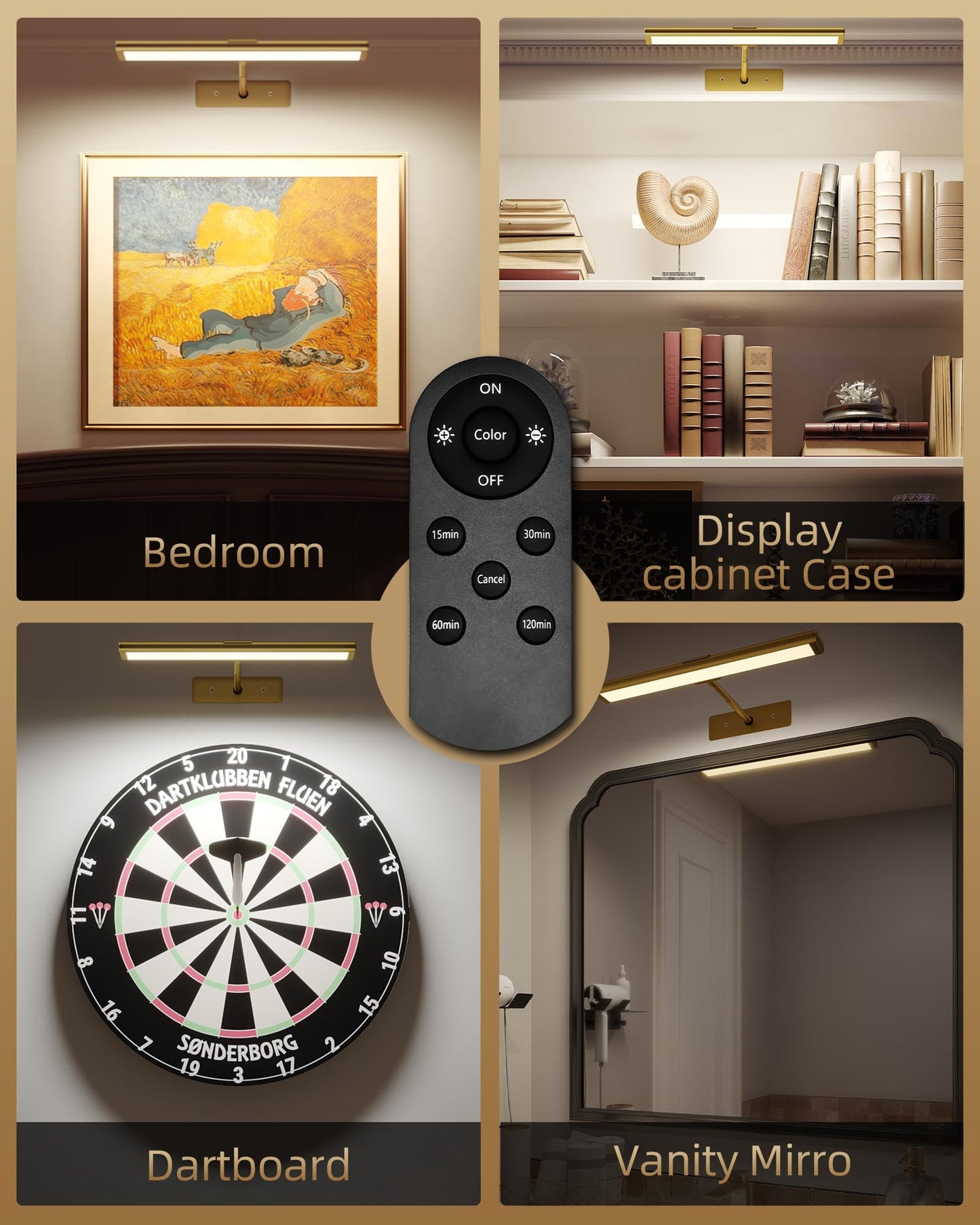 EZVALO Picture Light for Wall, 4800mAh Rechargeable Wireless Remote, Dimmable Magnetic LED Art Display Light with 3 Color Temperatures, for Gallery, Living Room, Bedroom, Hallway (Gold-2Pack)