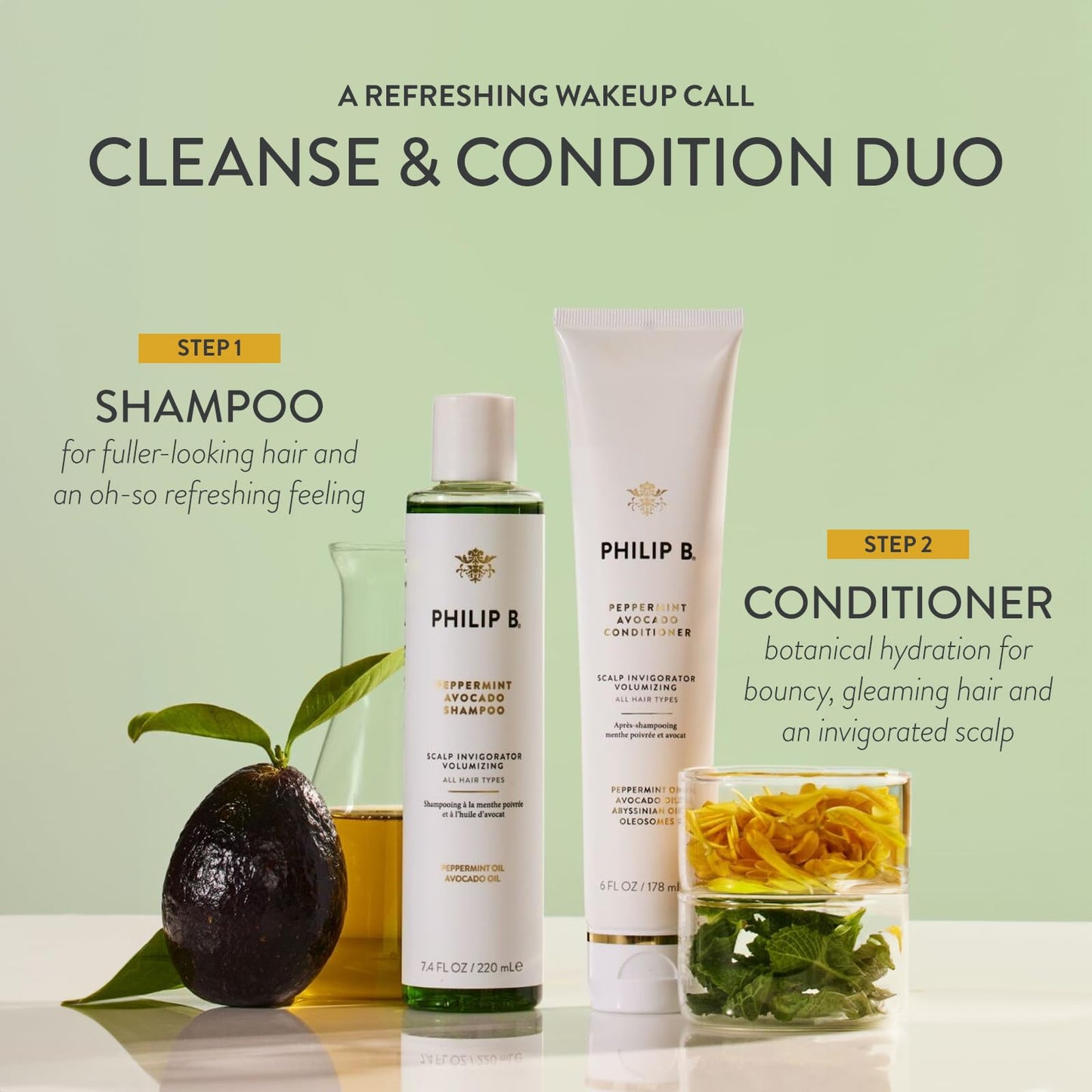 PHILIP B. Peppermint Avocado Scalp Invigorating Kit - Includes Shampoo (7.4 oz), Conditioner (6 oz) and Scalp Massager