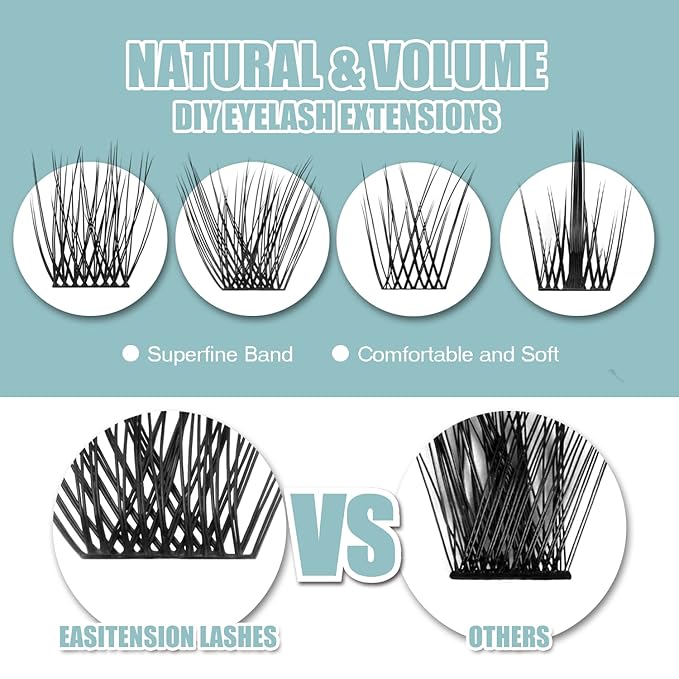 DIY Eyelash Extension, 3D Effect Glue Bonded Band Individual Lash 48 Clusters Volume Lashes Set, Home Eyelash Extension, C curl Lashes Pack 10MM-Volume-48 Clusters