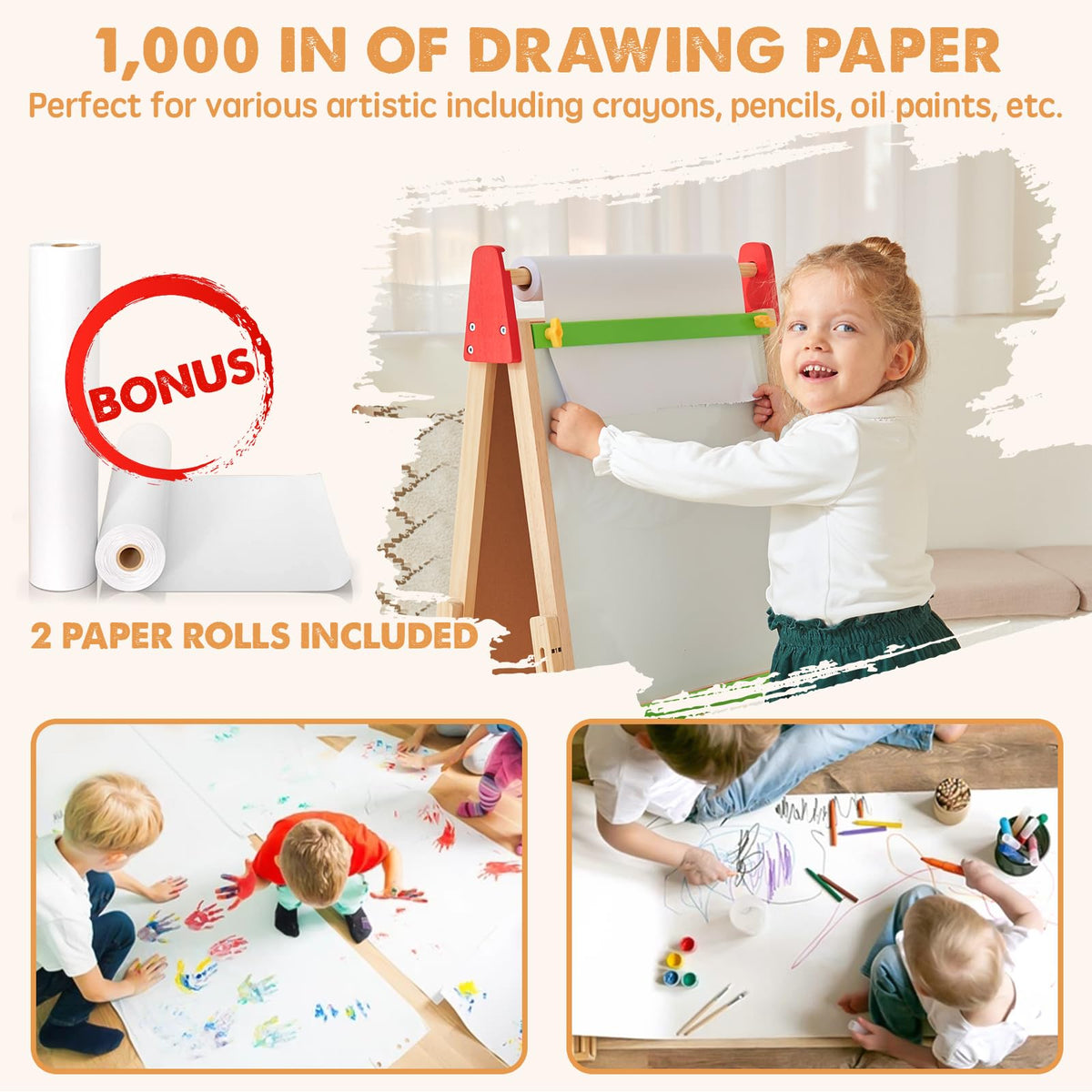Tiny Land Easel for Kids with 2 Drawing Paper Roll, Learning-Toy for 3,4,5,6,7,8 Years Old Boy & Girls, Wooden Chalkboard & Magnetic Whiteboard & Painting Paper Stand, Gift & Art Supplies for Toddler