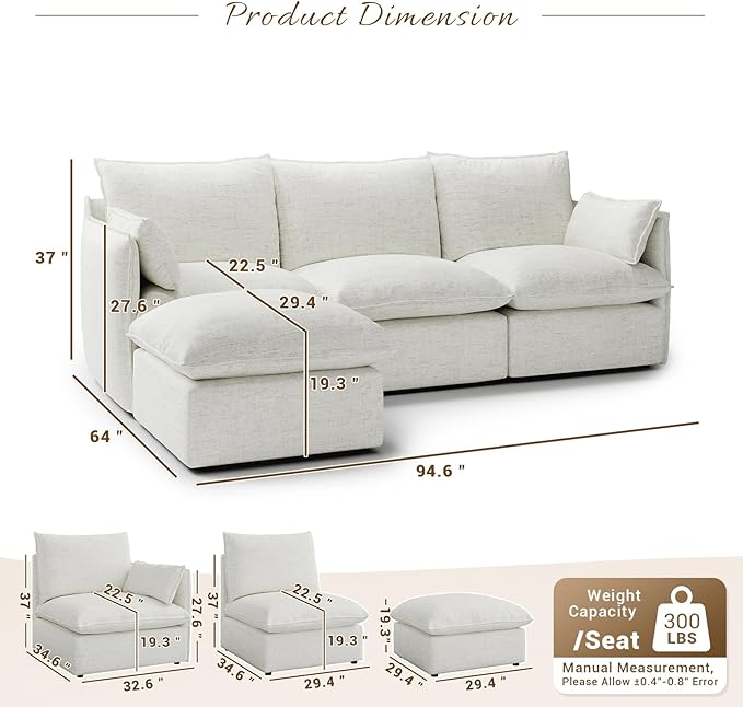 Forest aesthetics 94.5" L Shape Cloud Modular Sectional,4 Seater Waterproof High Backrest Sectional Sofas,Down Filled Modular Couch with Removable Washable Cover for Living Room,Cream White