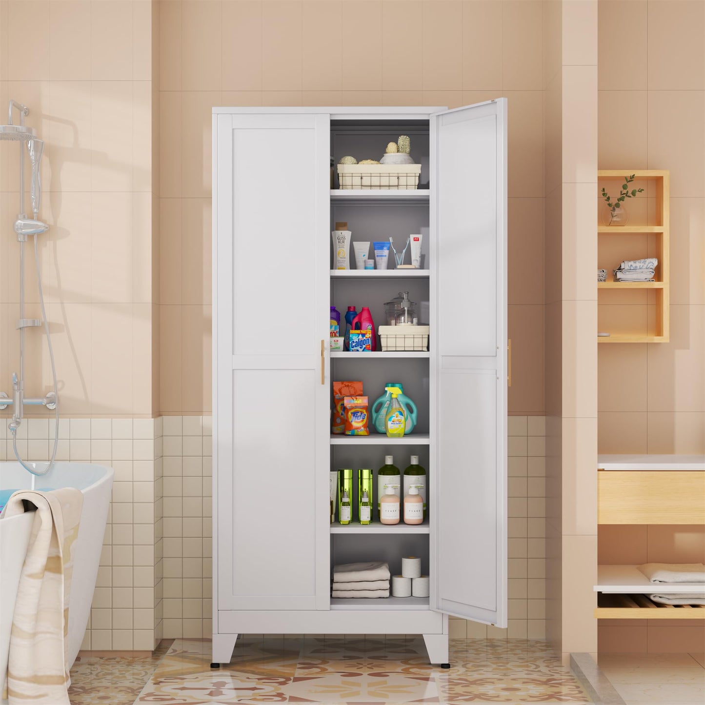 erosoei 75.2”H Metal Kitchen Pantry Storage Cabinet, Storage Cabinets with Adjustable Feet and Shelves,Food Pantries Cupboard for Kitchen, Living Room, Laundry Room and Dinning Room（White）