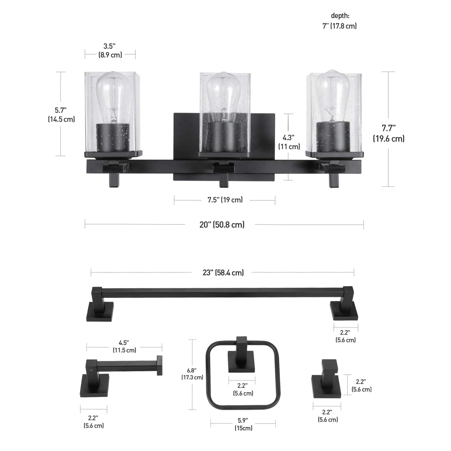 Globe Electric 51634 Dakota 5-Piece All-in-One Bathroom Set 3 Vanity Light with Seeded Glass Shades, Bar, Toilet Paper Holder, Towel Ring, Robe Hook, Matte Black