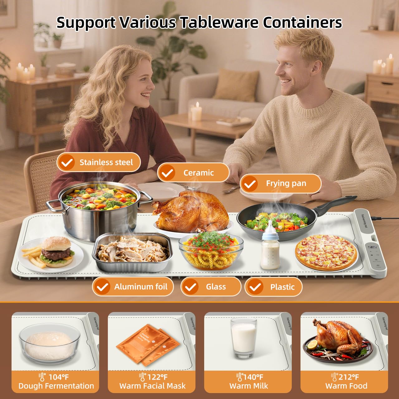 Budsom Food Warming Mat - 8s Fast Heating Electric Warming Tray with 7-Level Temperature & 8-Hour Timer, Roll-Up Portable Food Warmer for Home Dinner, Party, Travel, Outdoor Picnic