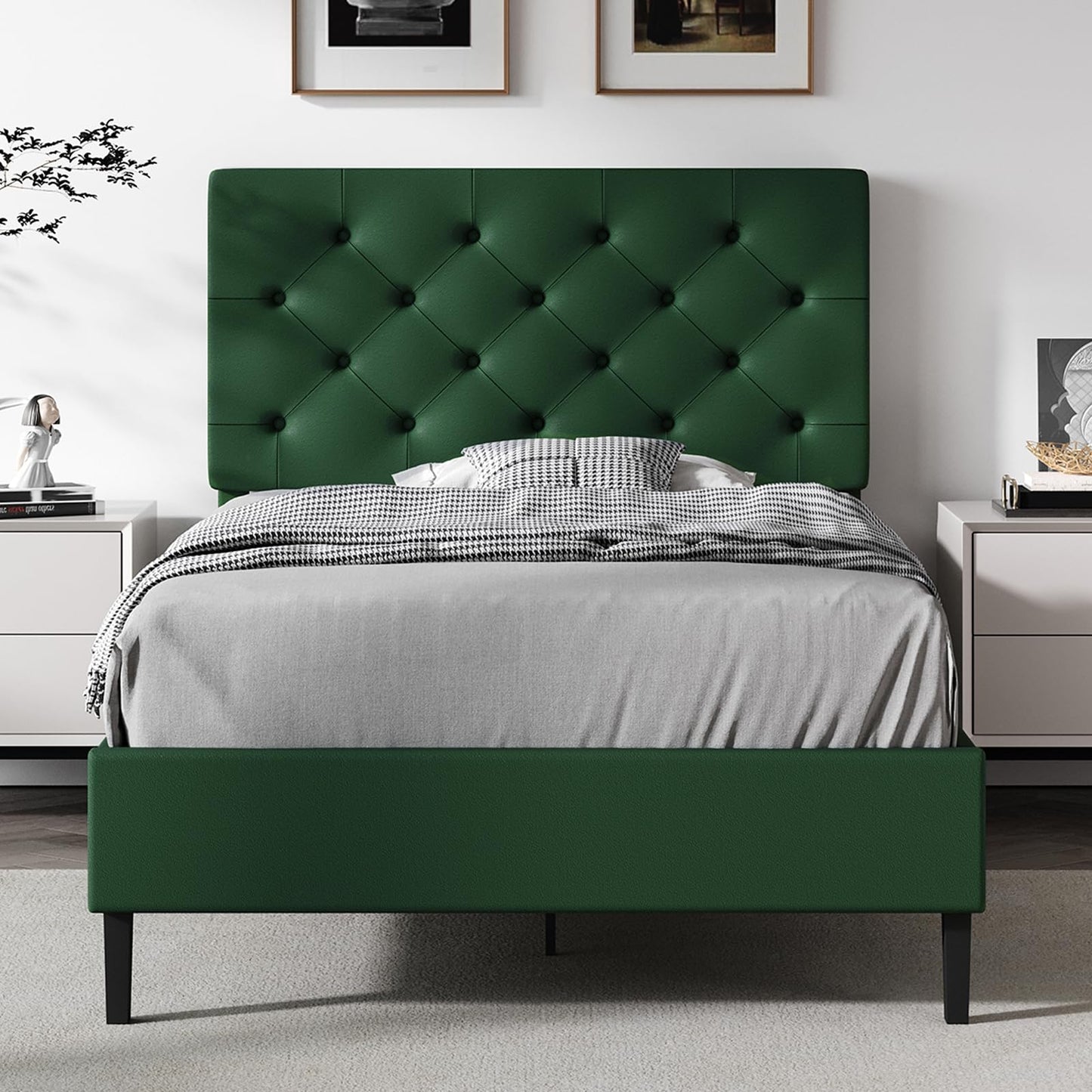 REVOMINCA Upholstered Twin Bed Frame with Headboard, Green Bed Frame Twin, Platform Bed with Button Tufted Desigh, No Box Spring Required, Easy Assembly, Green