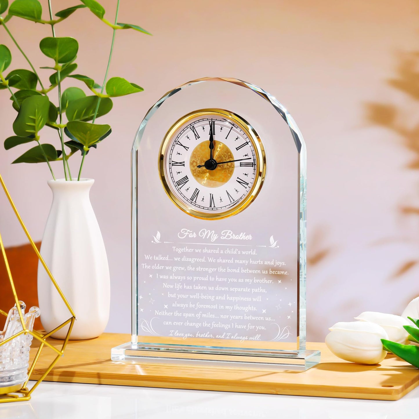 YWHL Meaningful Birthday Gifts for Adult Brother from Sister, Father's Day Brother Gifts Idea, Glass Clock Keepsake for Christmas Graduation (Battery not Included)