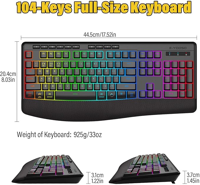 Premium Wireless Bluethooth Versatile Keyboard,8 RGB Backlit light up,Silent Touch Less Noise 95%,Ergonomic Wrist Rest,Wired Rechargeable,Tri-mode BT5.0/2.4GHz/USB C,Ideal For Gaming/PC Computer/Mac
