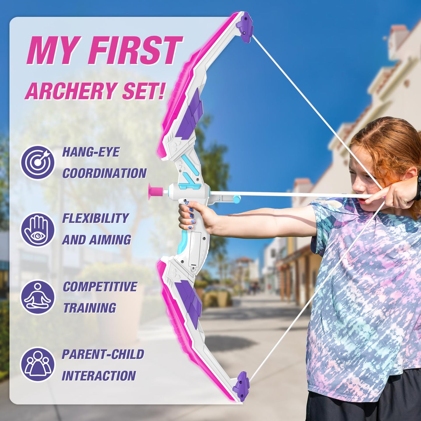 HYES Bow and Arrow for Kids 4-6, LED Light Up Archery Set with 12 Suction Cup Arrows, 1 Standing Target, 3 Score Targets & 1 Quiver, Indoor Outdoor Sport Gifts for Boys Girls Ages 8-12, Purple