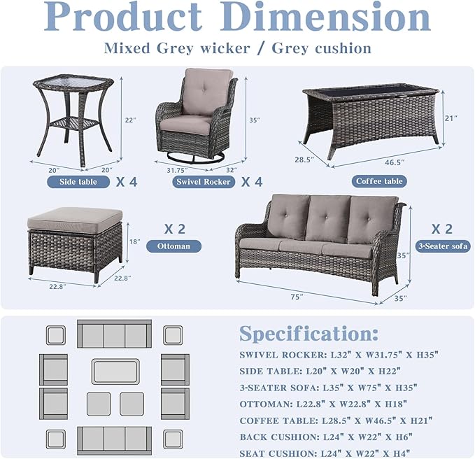 Belord Wicker Patio Furniture Sets - 13 Piece Outdoor Rattan Furniture Conversation Sets with 4 Swivel Rocker Chairs, 2 Rattan Sofas, Wicker Ottomans and Coffee Table, Mixed Grey/Grey