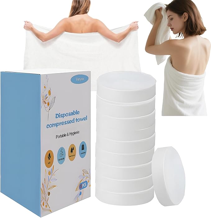 10-Pack Extra Large Disposable Compressed Towels | 70 x 140 cm Bath Towels/Travel Towels | Quick-Drying, No Rinsing Requir...