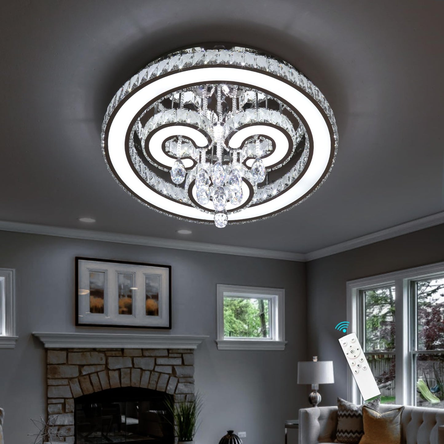 HAIXIANG Modern Glam Chandelier LED Crystal Light Interior Luxury Ceiling Chandeliers Remote Dimmable Lights Fixture 24 Inches Silver Light