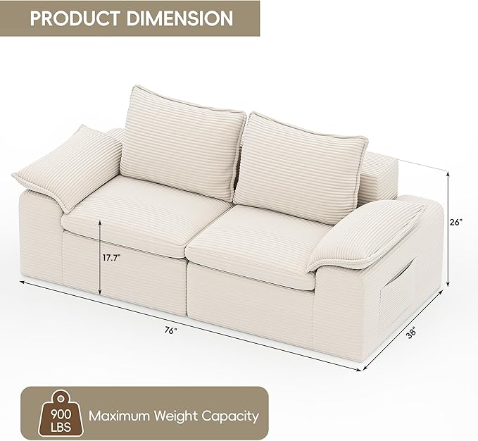 Buytime 76” Comfy Cloud Loveseat Sofa, Convertible Boneless Loveseats for Living Room, Wide 2-Seat Modern Modular Sectional Sofa with Deep Seat, Double-Layer Cloud Cushion and Headrest, Cream Beige