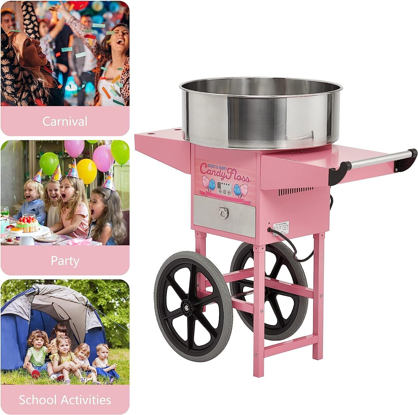 RIEDHOFF Cotton Candy Machine with Cart, Electric Cotton Candy Maker with 20 inch Stainless Steel Bowl for Family, Party, Amusement Park, Carnival- Pink