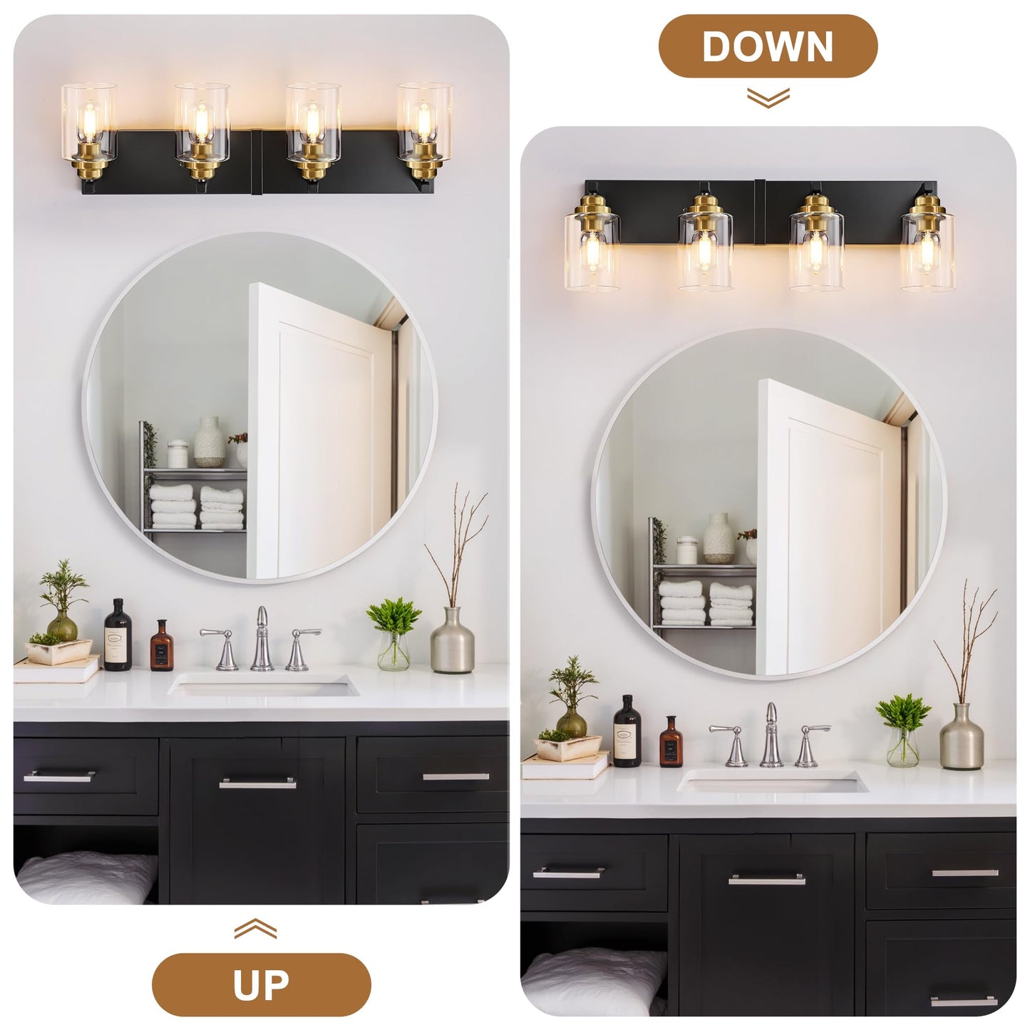 Black and Gold Bathroom Light Fixture, 4 Light Brushed Gold Vanity Light, 27.5" Modern Farmhouse Bathroom Lighting Fixtures Over Mirror, with Clear Glass Shade, Vanity Lights for Bedroom Hallway