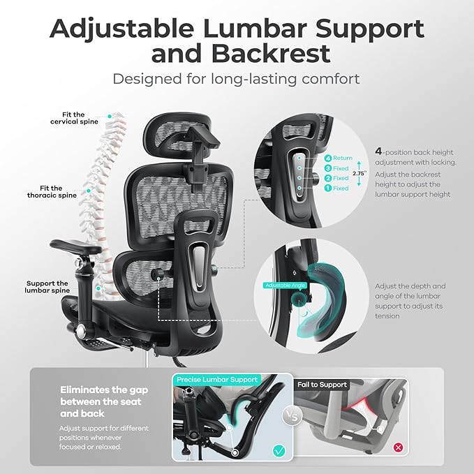 Morkprism Ergonomic Office Chair with 9D Arms,Adjustable Seat Depth,3D Lumbar Support,135° Recline,3D Headrest & Footrest,Mesh Computer Desk Chair - Ultimate Comfort for Home & Executive Office Black