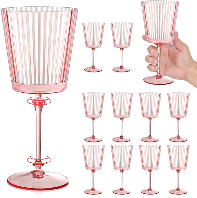 12 PCS Pink Plastic Wine Glasses with Removable Stems 13.5 Oz Pink Ribbed Wine Glasses Square White Wine Glass Muted Paste...