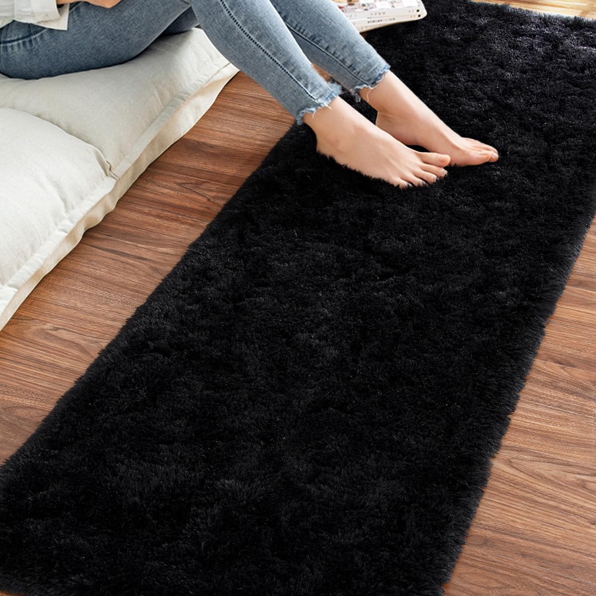 ST. BRIDGE Black Runner Rug for Bedroom 2x6 Feet, Fluffy Shag Area Rugs for Living Room Nursery, Fuzzy Furry Bedside Rug for Girls Kids Baby Room, Modern Indoor Comfy Plush Carpet Decor