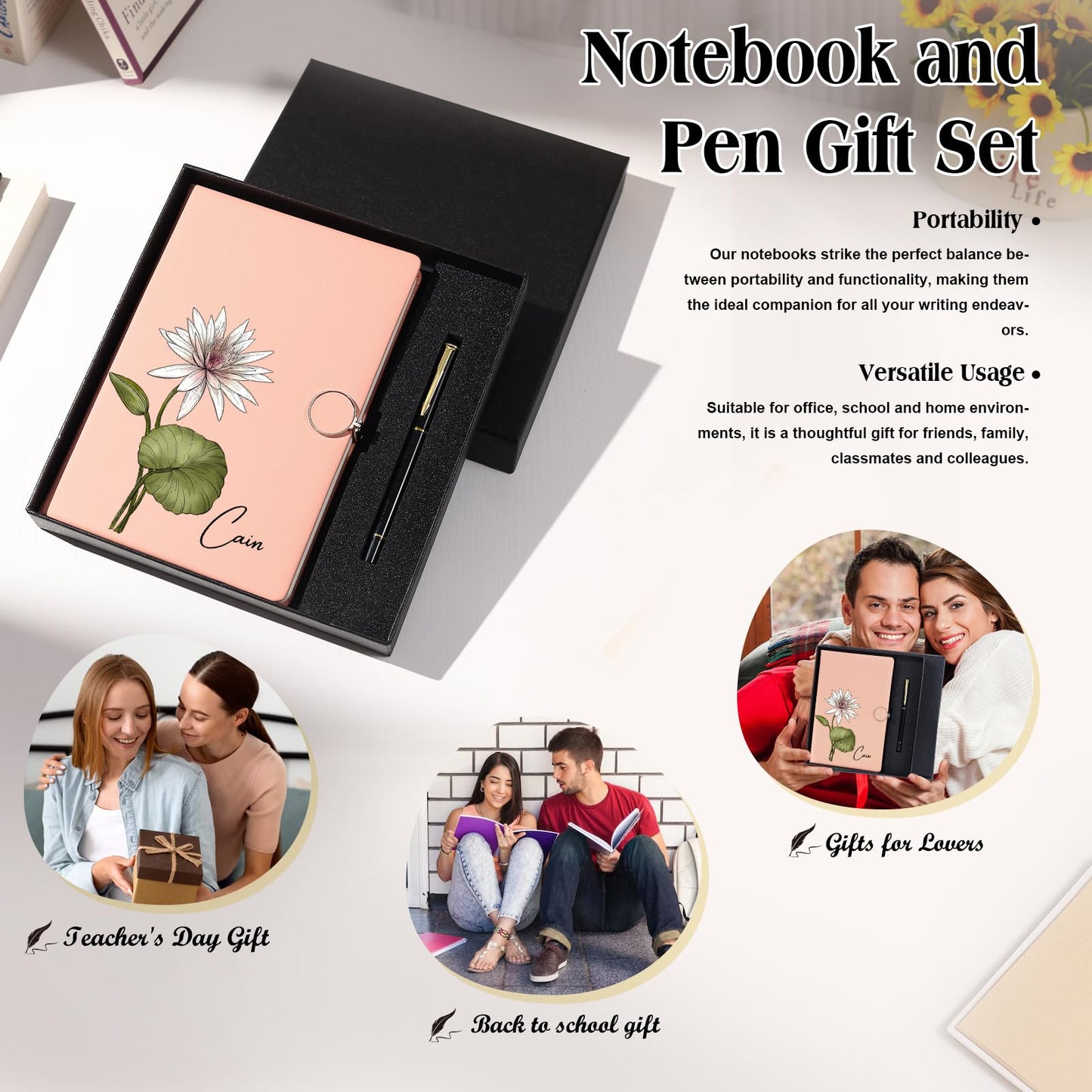 Personalized Journal Notebooks for Work School with Pen Gift Set Custom Birth Flower Name College Ruled Hardcover Notebook Studen Teacher Journal for Women Men Back to School Business Gifts (BirthFlower Name #1)