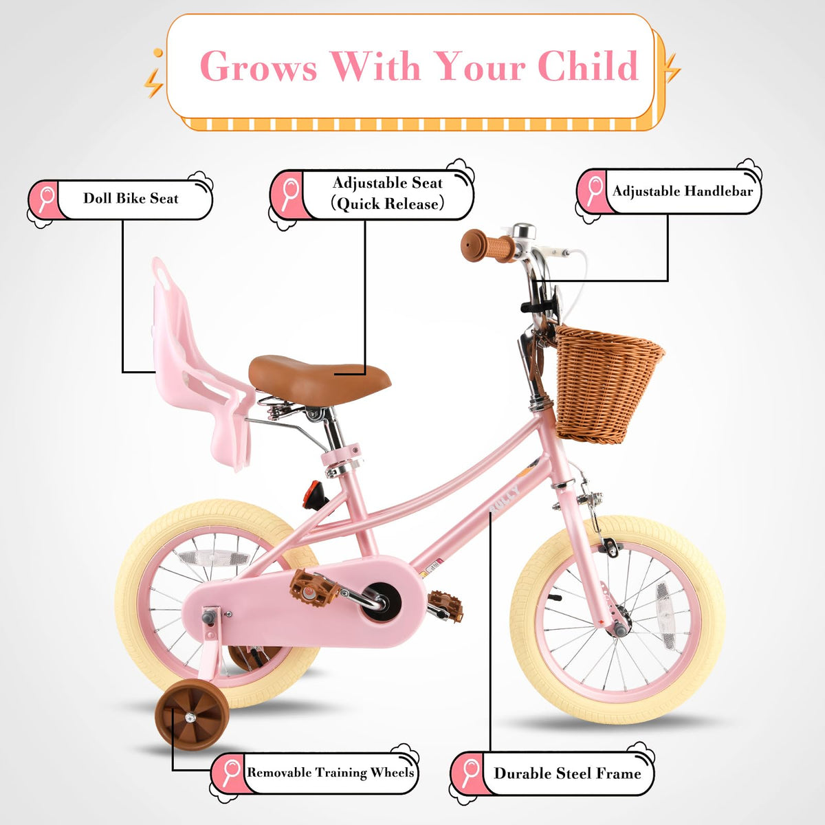 RULLY 12" Girl Bike for Age 2 3 Year Old Toddlers,12" Kids Bike with Training Wheels & Basket, Retro Style in Pink