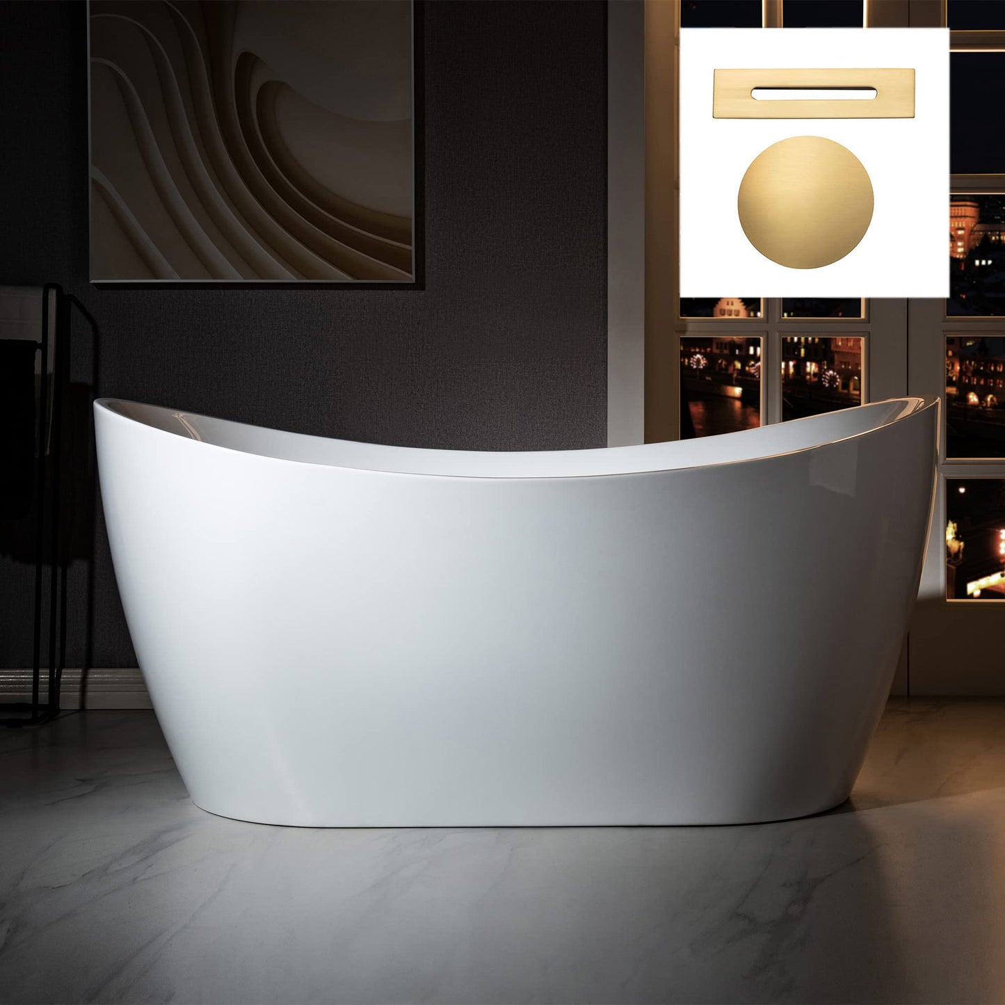 WOODBRIDGE 59"Freestanding White Acylic Soaking Bathtub with Brushed Gold Drain and Overflow,BTA1516 -BG-Drain &O
