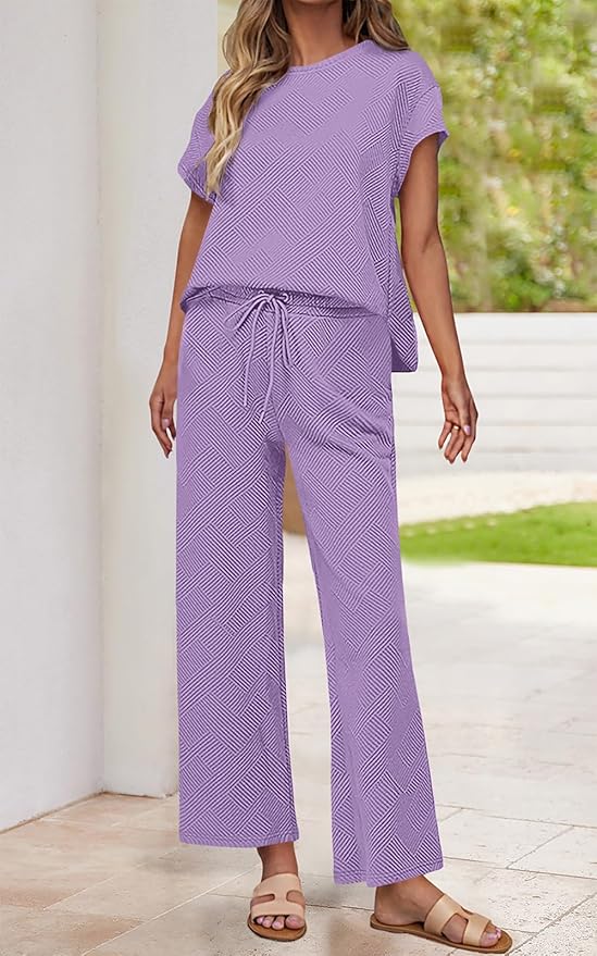 PRETTYGARDEN 2 Piece Outfits For Women Casual Tracksuit Short Sleeve Tops And Wide Leg Long Pants Matching Lounge Sets
