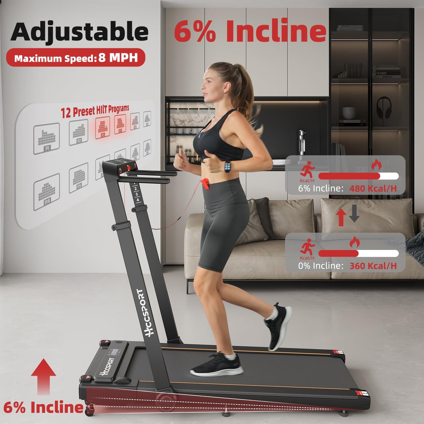 Hccsport Treadmill with Incline, 3 in 1 Under Desk Treadmill Walking Pad with Removable Desk Workstation 3.5HP Foldable Compact Walking Treadmills for Home Small Office with Wristband Remote Control