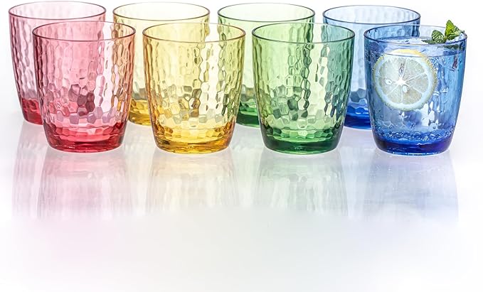 MIYOPESI 15oz Colorful Acrylic Glasses Drinkware (Set of 8), Hammered Design Unbreakable Plastic Tumblers, Reusable Plasti...