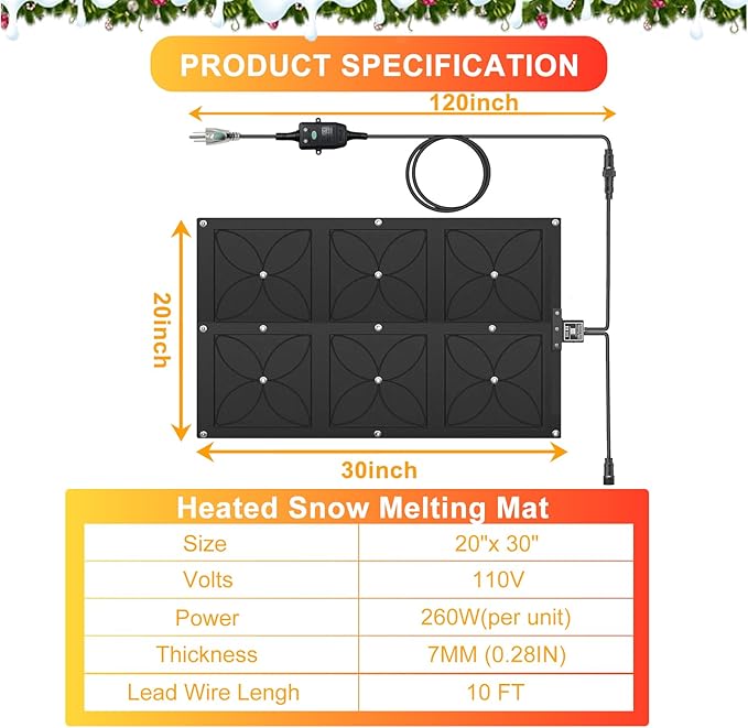 20" x 30" Heated Snow Melting Mat, 7mm Thickening Anti-Slip Rubber Snow and Ice Melting Mat, Electric Winter Heating Mat for Outdoor Steps,Stairs,Sidewalks,Walkways (Pack of 1)