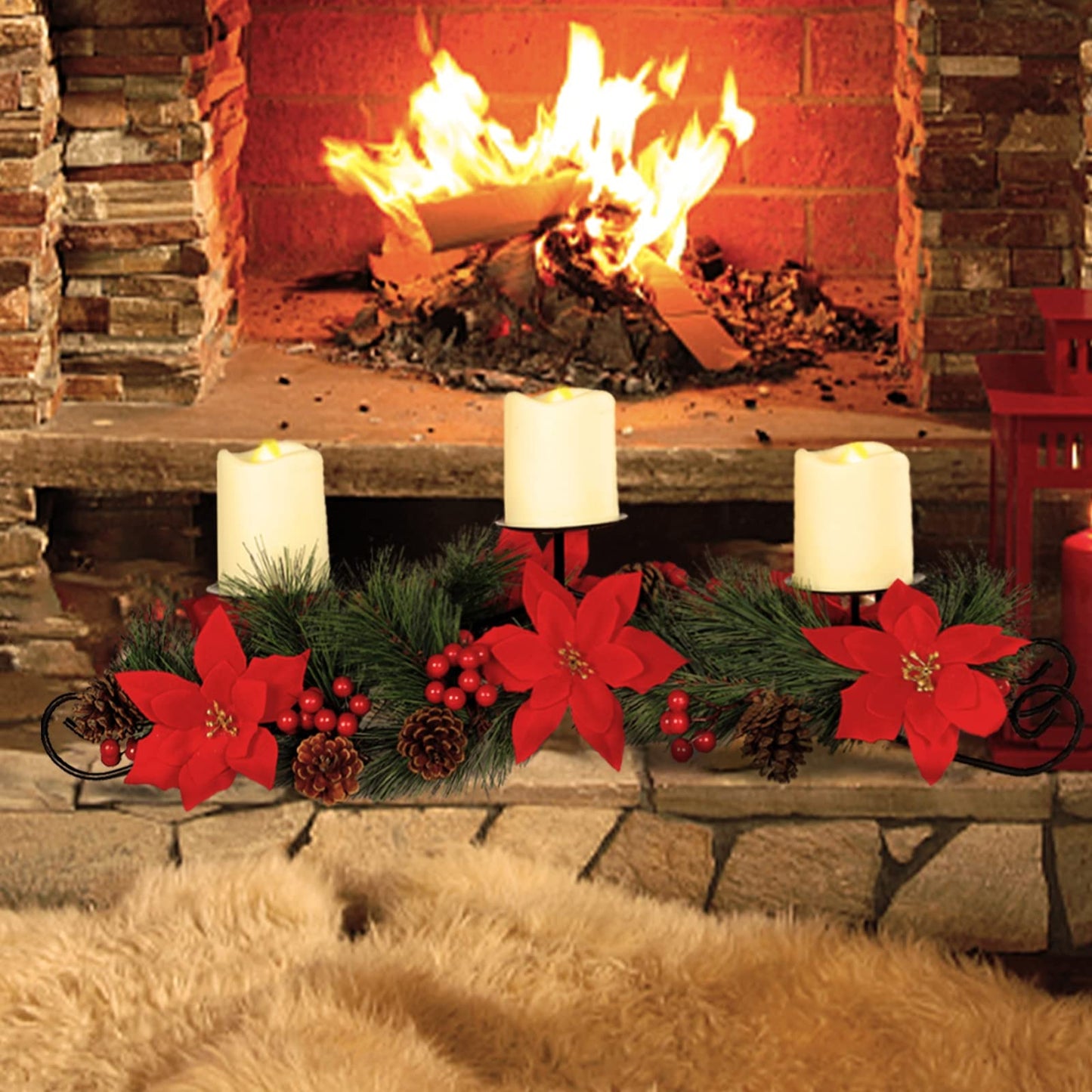 MorTime Christmas Centerpiece with 3 Candle Holders, Xmas Tabletop Decor with Red Flowers Berries Pinecones Steel Base for Indoor Home Christmas Decoration
