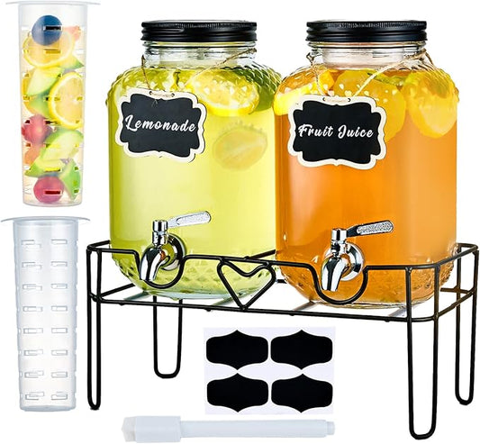 1 Gallon Glass Drink Dispensers for Parties, Beverage Dispenser with Stand and Fruit Infuser, Glass Lemonade Dispenser wit...