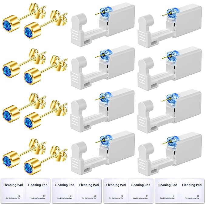 Get the Perfect Ear Piercing with 24 Pcs Premium Ear Piercing Kit - Includes 8 Blue CZ Stones Earrings and 8 Easy-to-Use Self Ear Piercing Gun - Safe and Painless