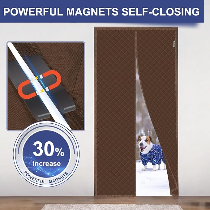Magnetic Thermal Insulated Door Curtain Fit Door Size 38" x 82", Quilted Oxford Fabric Thicken Cotton Fill, Winter Cover Keep Cold Draft Out, Blanket Insulation for Front Patio Doors Brown