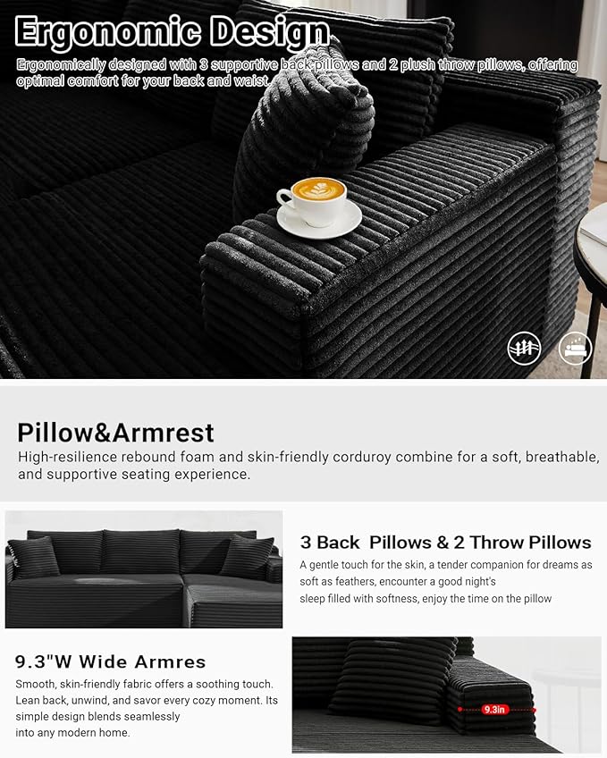 Cloud Sectional Couch,105 Inch Modular Sectional Sofa with Deep Seat,Modern Corduroy Boneless Couches with L-Shape Chaise for Living Room Bedroom,No Assembly Required (Black, Right Facing Chaise)