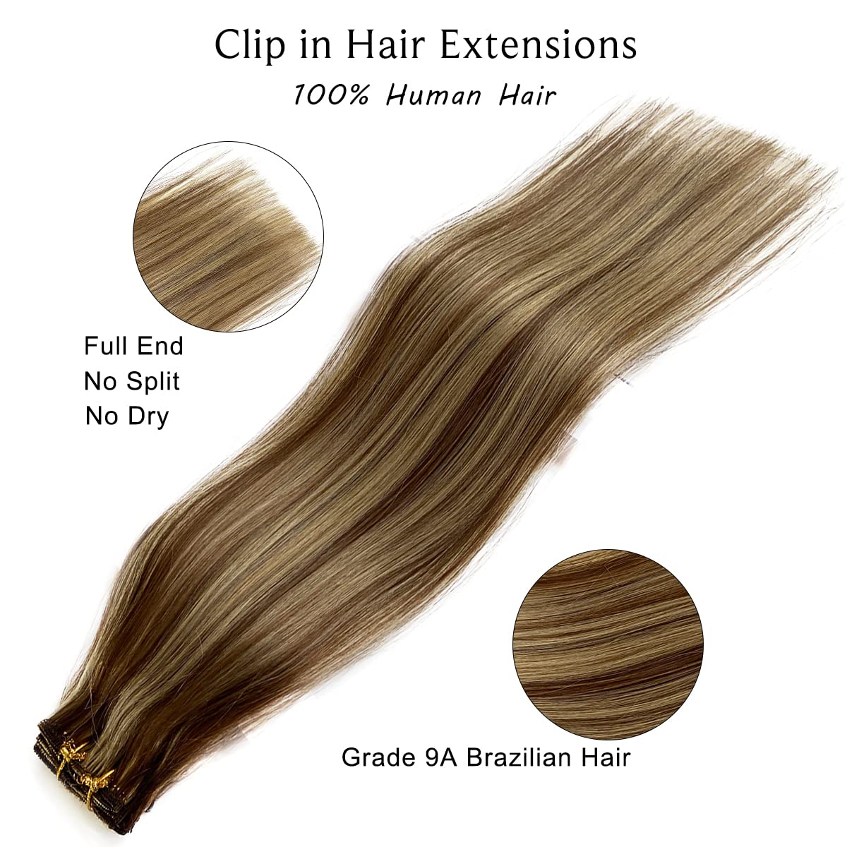 Ubetta Hair Extensions Clip in Human Hair, Chestnut Brown and Blonde Highlights, 22 Inch, 7 Pcs Double Weft Remy Human Hair Exte